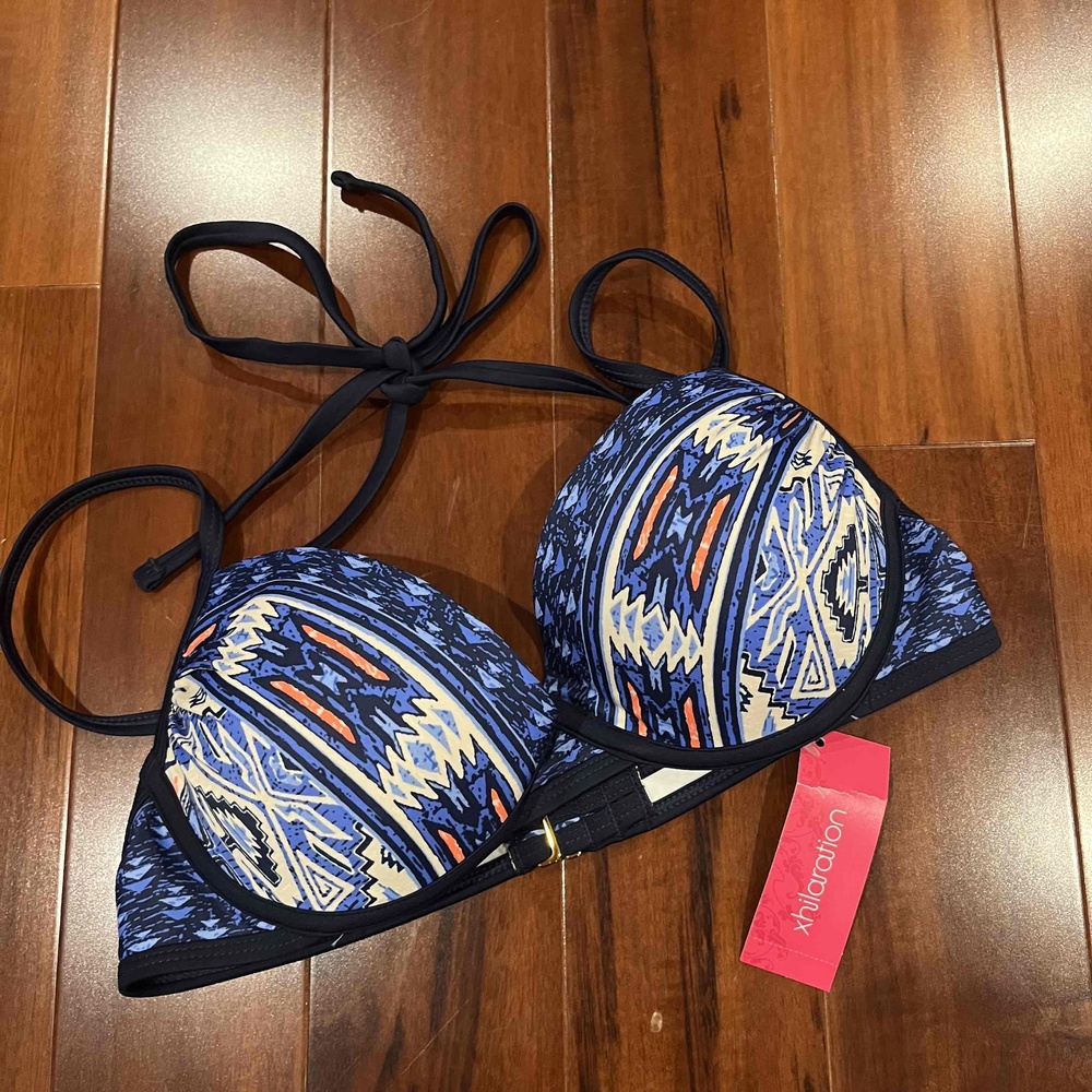 Xhilaration Blue Bikini Swim Top Padded Halter Neck Aztec Southwest Print New M